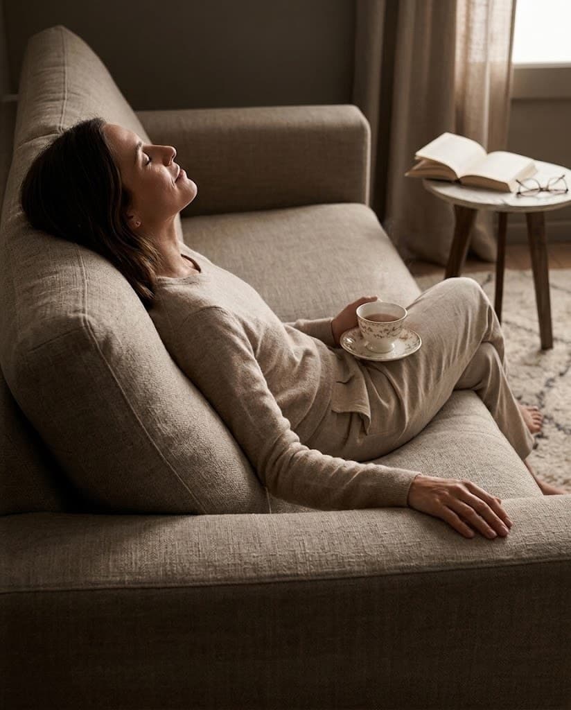 Una pausa en el sofá: té y lectura en un living sereno